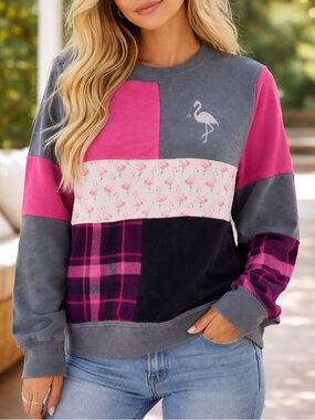 Gray & Pink Flamingo Patchwork Crewneck Sweatshirt Get Your Pink Back